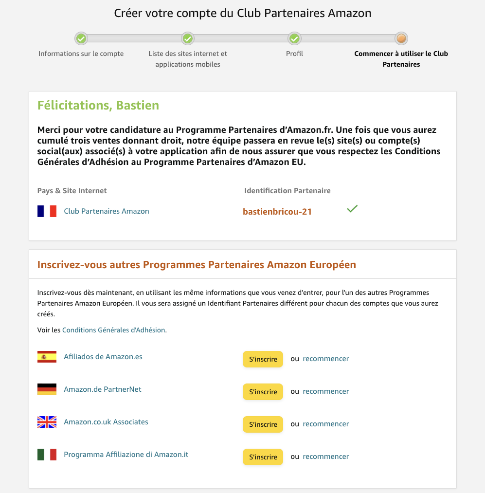 Inscription au club Amazon Partenaires terminée