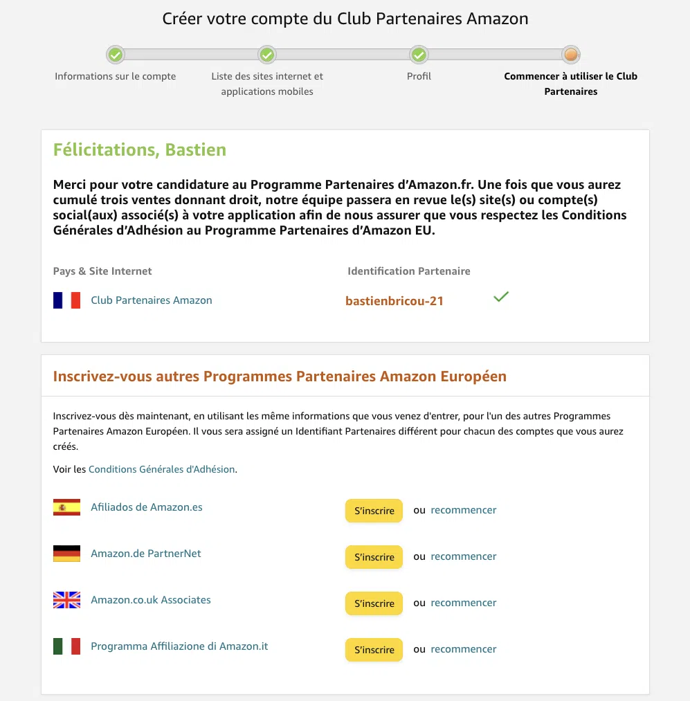 Inscription au club Amazon Partenaires terminée