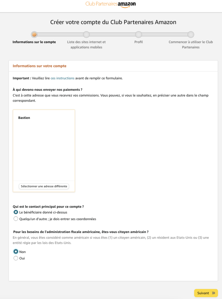 inscription amazon partenaire étape 1