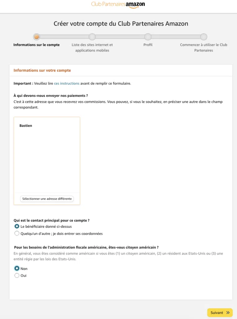 inscription amazon partenaire étape 1