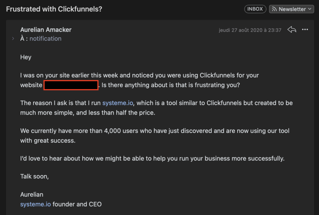 email systeme.io Aurélien amacker